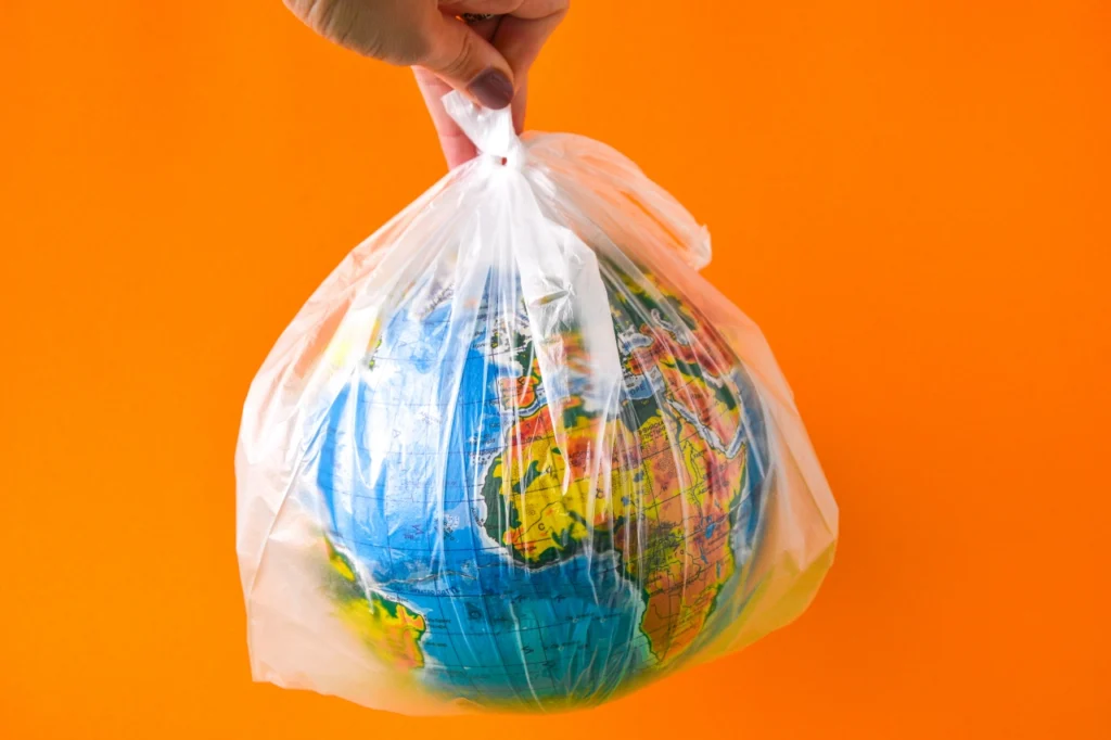 kula ziemska w plastikowej torebce - symbol wszechobecnego zanieczyszczenia środowiska plastikiem