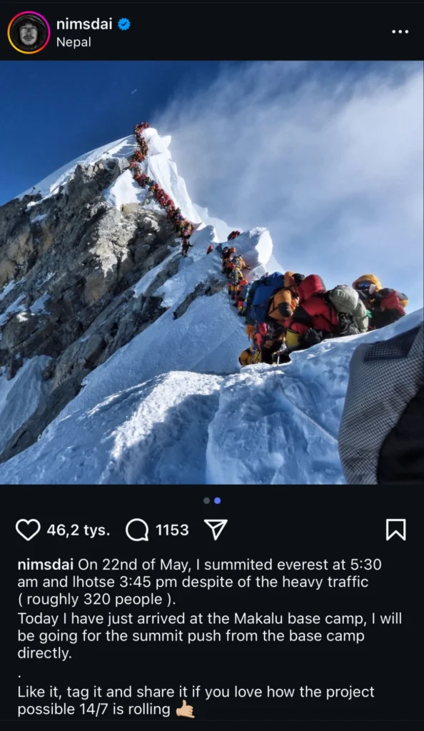 post na Instagramie Nirmala Purji ze zdjęciem przedstawiającym kolejkę wspinaczy oczekujących na wejście na szczyt Mount Everest