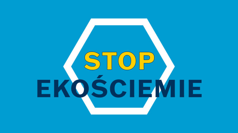 Napis Stop Ekościemie na obrysie sześciokąta