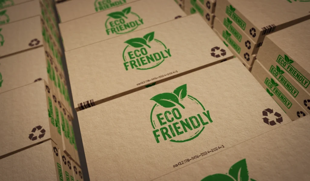 ekologiczne opakowania opatrzone oznaczeniem ECO FRIENDLY dotyczącym zrównoważonego charakteru