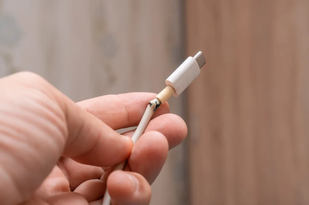 męska dłoń trzyma zepsuty przewód białej ładowarki USB-C