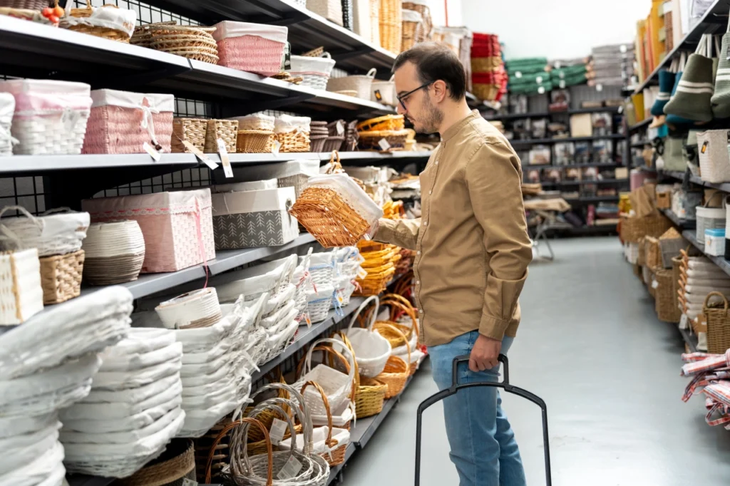 mężczyzna stoi przy regale sklepu fast homeware i ogląda kosze do przechowywania